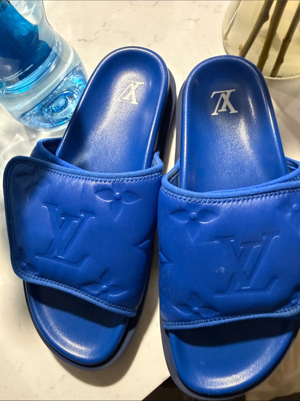 Louis Vuitton Cobalt Blue Embossed Monogram Slide Sandals - Picture 3 of 16